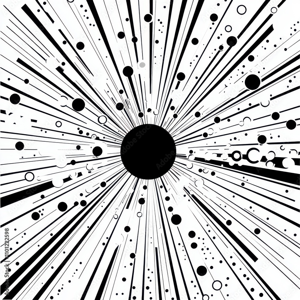 Poster abstract black and white explosion effect with dynamic lines and circular shapes radiating from a ce