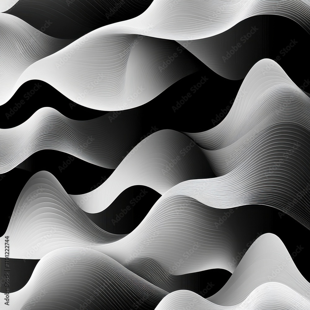 Poster abstract black and white wavy patterns create a dynamic visual flow, evoking a sense of movement and