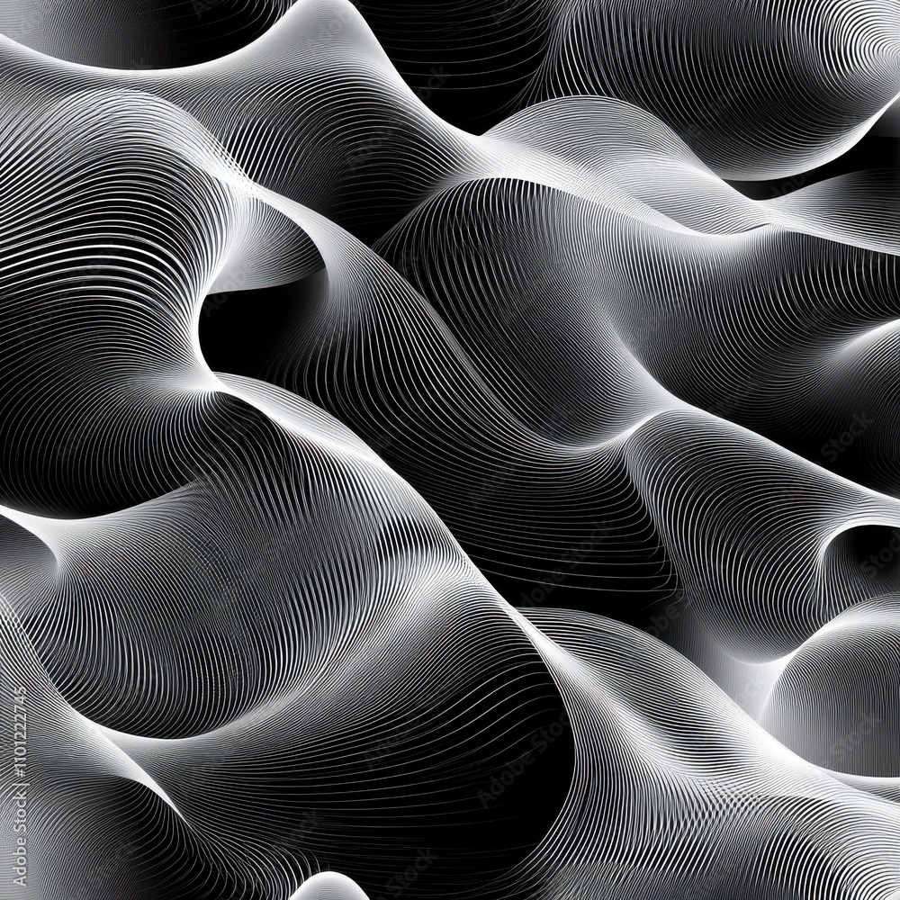Poster intricate waves of flowing lines create a mesmerizing monochrome pattern in this abstract design.