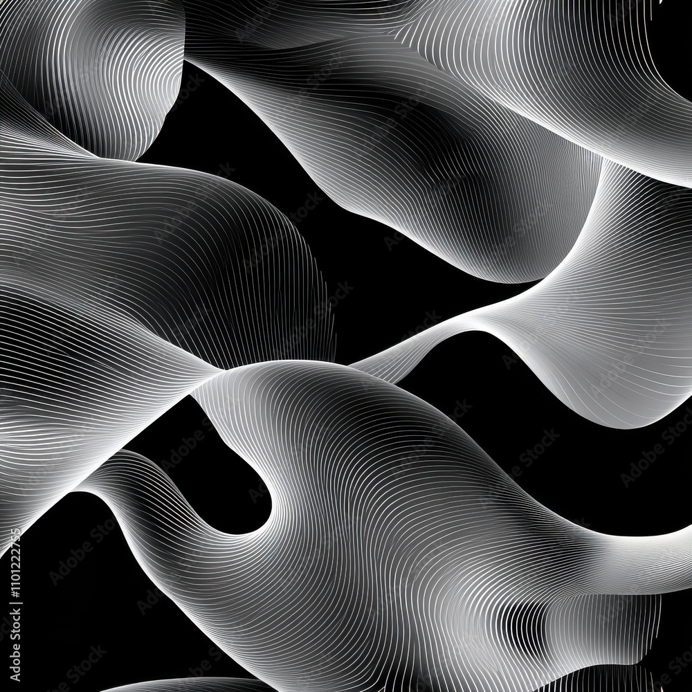 Poster abstract black and white waves featuring flowing lines with smooth curves and dynamic movement.