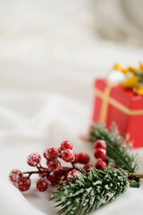 Christmas decoration of holly berry. Winter composition with a Christmas tree branch, red berries...