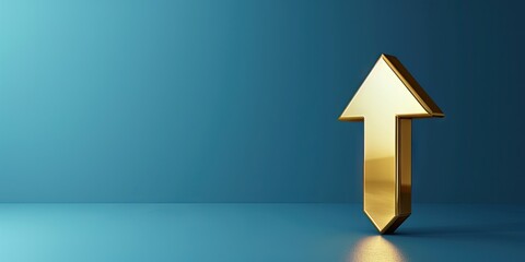 Gold arrow icon with a reflective surface against a matte cerulean blue backdrop, representing upward trends. 