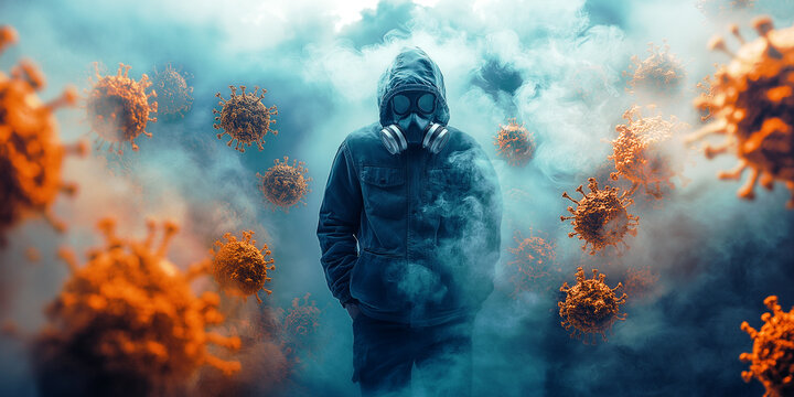 A man in a gas mask is walking through a cloud of orange and blue particles