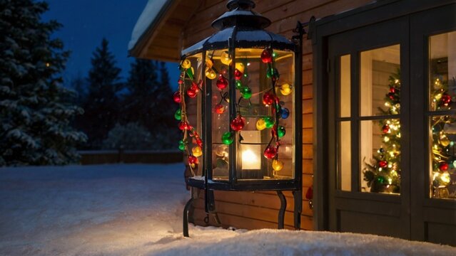 Christmas Season Outside The House With Hanging Christmas Lamp