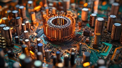The transformer on the PCB has copper coils wrapped around the core. PCB are filled with electrolytic capacitors, resistors, and inductors background wallpaper AI generated image