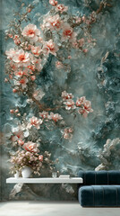 Artistic interior with floral wall mural and modern furniture.