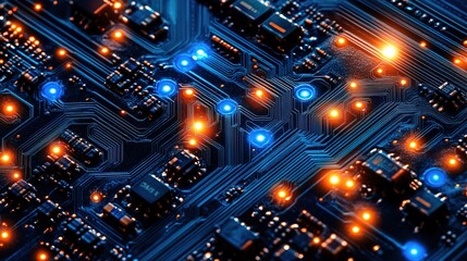 Fototapeta premium Close-up image of a high-tech blue circuit board pattern glowing