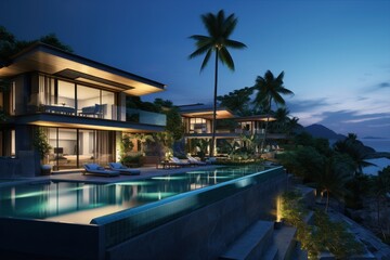 Experience the Luxurious Coastal Villa at Dusk featuring a Stunning Infinity Pool setting