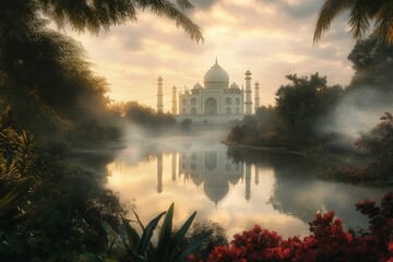 Obraz premium Taj Mahal sunrise reflection, misty water, lush foliage.