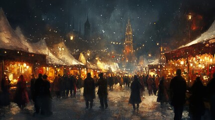 Obraz premium Enchanted Christmas Market at Night: A Festive Winter Scene in a Charming European City