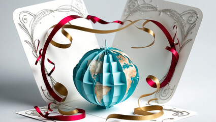 Globe pop up card showing a globe to symbolize global New year festival celebrations and unity isolated on white background