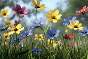 Obraz premium A vibrant field of colorful flowers with dew drops, showcasing nature's beauty.