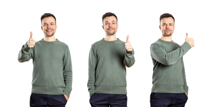 Person showing thumbs up in three poses isolated from background