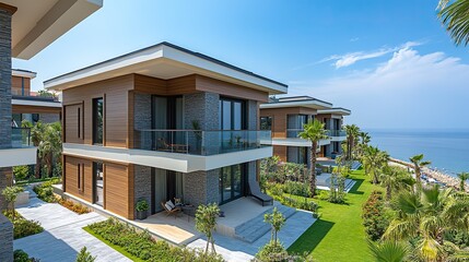 glass balconies on a brand new apartment complex houses with modern architecture near the sea the building s facade is heavily glasse