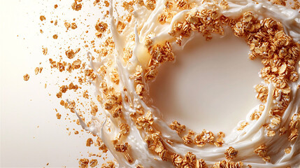 Milk splash and swirl with granola, oats meal isolated on white background, close up. Generative AI.