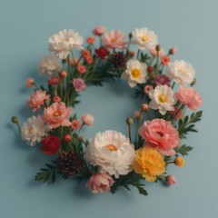 Obraz premium floral wreath with colorful paper flowers on blue background copy space text space.