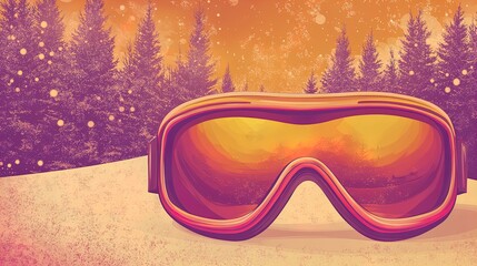 Golden Sunset Reflections on Ski Goggles: A Serene Winter Sports Scene for Your Athletic D&eacute;cor Poster in a Peaceful Snowy Forest