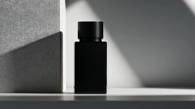 Matte black men's perfume bottle with a bold, rectangular design, standing on a plain silver background. A high-contrast mockup for modern luxury branding.