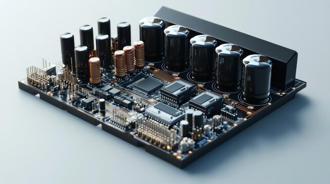 Transistors and IC PCB kits, high capacitance electrolytic capacitors, small signal transistors Surrounding components include diodes and resistors background wallpaper AI generated image