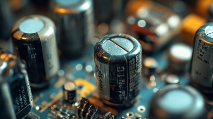 High voltage power capacitors in radio transmitters, designed to stabilize the power supply. The capacitor is encased in metal background wallpaper AI generated image