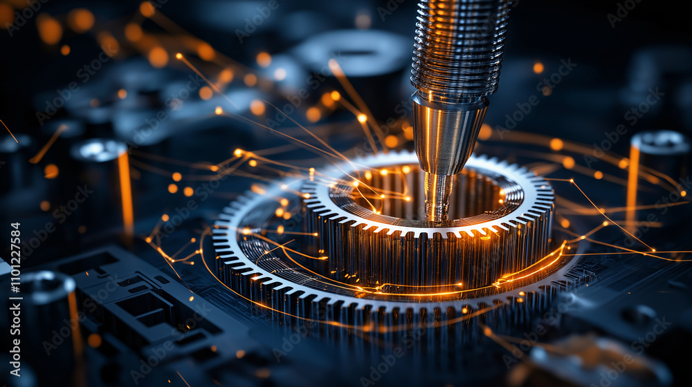 Aufkleber close up of manufacturing process with sparks and precision tools