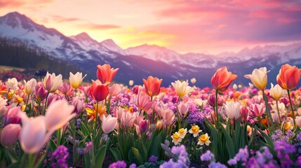 Fototapeta premium Vibrant Tulip Field at Sunset with Mountain Backdrop