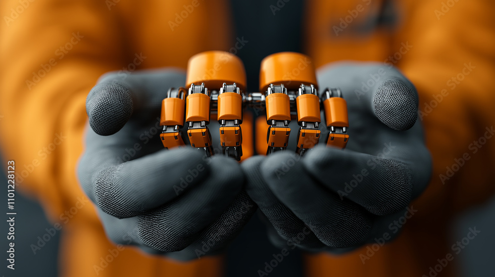Poster innovative robotic technology in hands, showcasing advanced design and engineering