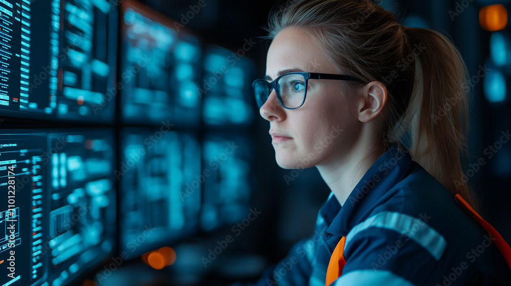 Aufkleber female technician analyzing data on multiple screens in control room