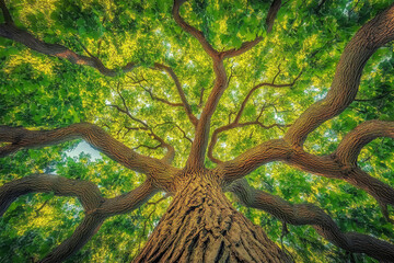 Obraz premium Oak tree with twisting branches and sunlight shining through vibrant green leaves