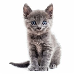 Fototapeta premium Adorable grey kitten with blue eyes sitting and looking forward on a white background