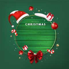 Merry Christmas sign banner green wood frame with empty space and festive decoration