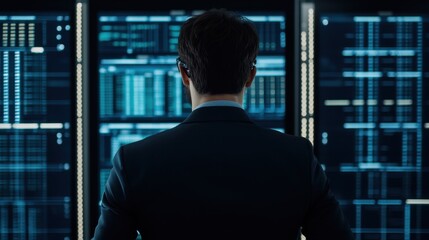 Fototapeta premium Man Examining Data in a High-Tech Control Room