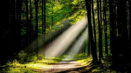 Fototapeta premium Sunlight streams through trees, illuminating a serene forest path lined with lush greenery.