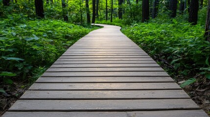 Fototapeta premium A serene wooden pathway winds through lush green forest, inviting exploration and connection with nature.