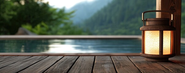 A tranquil setting featuring a glowing lantern beside a wooden deck with a serene pool and lush mountains in the background, creating a peaceful atmosphere.