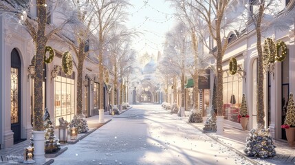 Fototapeta premium Charming winter shopping street romantic scene with beautifully decorated white shops