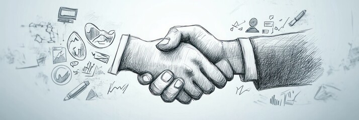 A handshake symbolizes partnership, surrounded by business-related icons and sketches.