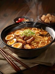 A steaming bowl of ramen with eggs, pork, and green onions, served in a black bowl.