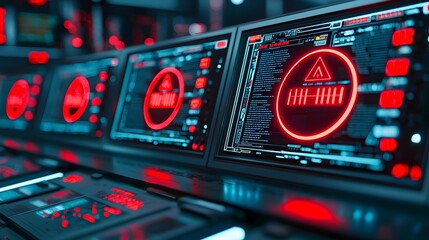 Obraz premium Red Alert System Cybersecurity Monitors