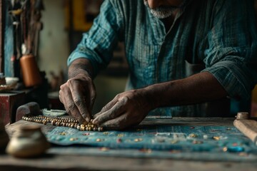 Here's a 10-word description: Elderly artisan meticulously crafting ornate beaded
