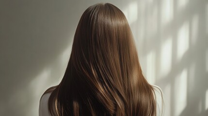 Naklejka premium Beautiful model girl with Brown hair strand,silky healthy chestnut wavy hair strand,hair wavy ribbon, with smooth,Keratin straightening,Treatment,straight long hair,procedures,Smooth hairstyle.