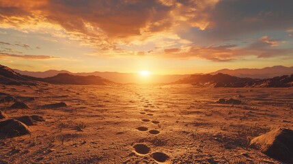 Obraz premium A scenic view of footprints leading away into a vast desert landscape as the sun sets, painting the sky with warm hues and creating a tranquil atmosphere.