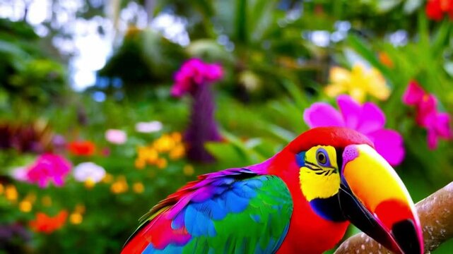 Bright Exotic Bird in a Tropical Garden: Basking in Sunlight.