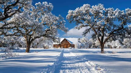 A rustic wooden cabin nestled amidst snow-covered trees in a tranquil snowy landscape with a clear blue sky, embodying winter's serene beauty.