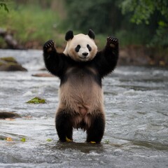 Obraz premium Adorable Giant Panda Standing in a River in China: A Majestic Wildlife Moment
