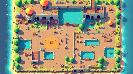 Naklejka premium A Pixelated Paradise: A Fantasy Townscape - A charming pixel art depiction of a bustling fantasy town, filled with colorful buildings, bustling streets, and lush greenery. Old PC video game. 2