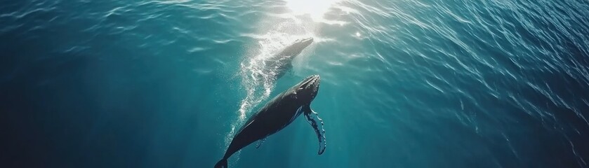 Naklejka premium A breathtaking aerial view captures a mother humpback whale and her calf gracefully swimming in the turquoise ocean. Sunlight filters through the surface, creating a magical underwater scene.