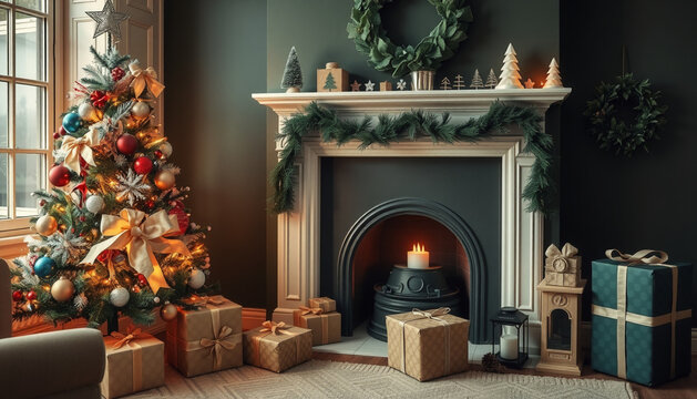 Christmas Tree With Fireplace And Gifts