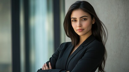 Fototapeta premium A portrait of a confident businesswoman in a suit, ideal for business, corporate, and career-themed projects.