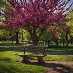 A redbud tree with magenta blossoms near a wooden bench in a quiet urban park.